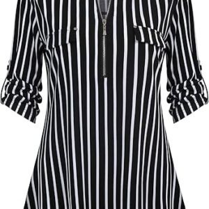 BEPEI Women's Floral Zip-Up V-Neck 3/4 Sleeve Blouse