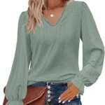Chic Lace V-Neck Puff Sleeve Eyelet Blouse for Women