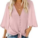 Chic Luvamia Women's V Neck Tie Knot Blouse