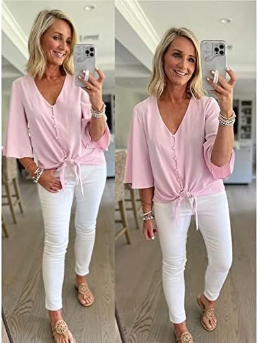 Chic Luvamia Women's V Neck Tie Knot Blouse
