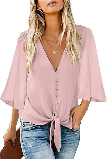 Chic Luvamia Women's V Neck Tie Knot Blouse
