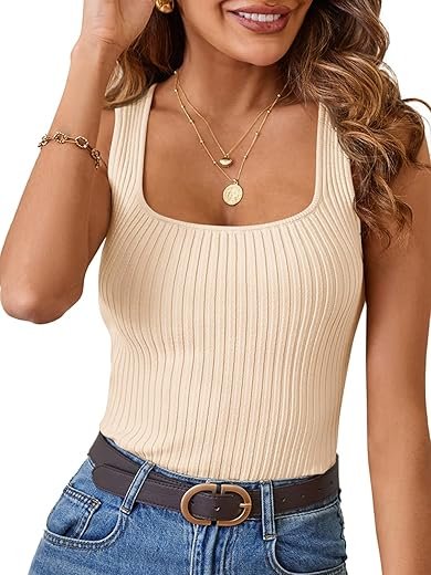 MEROKEETY Women's Knit Square Neck Sleeveless Tank Top