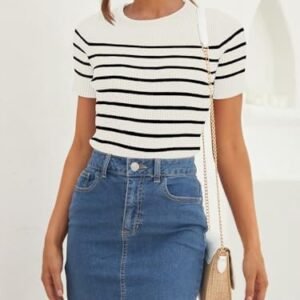ZESICA Women's Striped Ribbed Knit Summer Tee