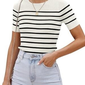 ZESICA Women's Striped Ribbed Knit Summer Tee